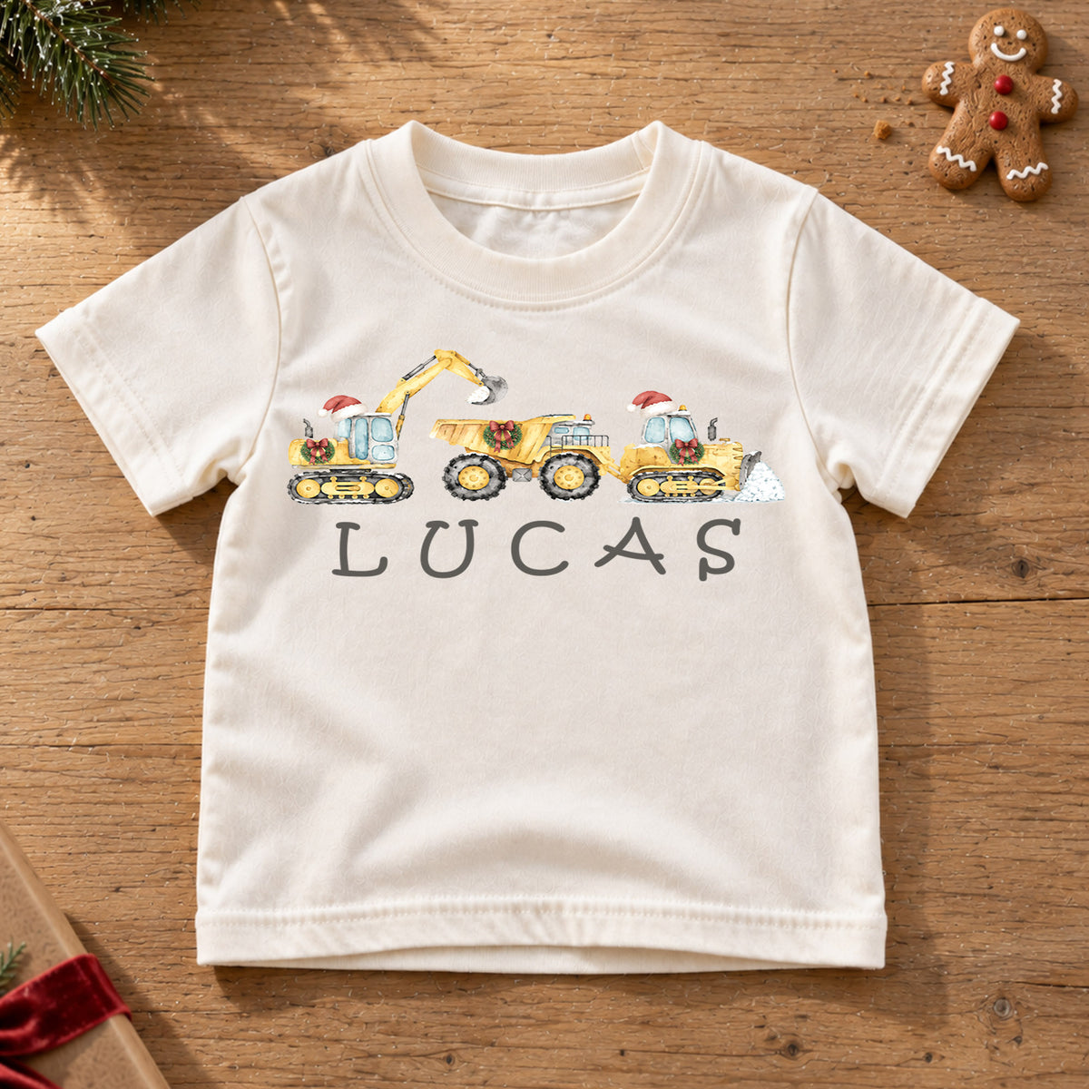 Custom Construction Christmas Kids T-Shirt, Personalized Name Digger Truck Holiday Shirt, 1st Christmas Gift, 1st Birthday Boy Outfit — product view 6