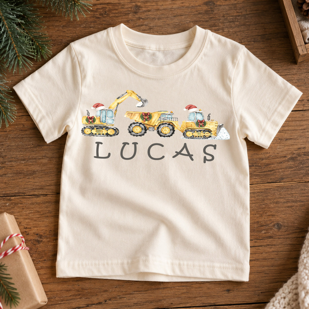 Custom Construction Christmas Kids T-Shirt, Personalized Name Digger Truck Holiday Shirt, 1st Christmas Gift, 1st Birthday Boy Outfit — product view 7