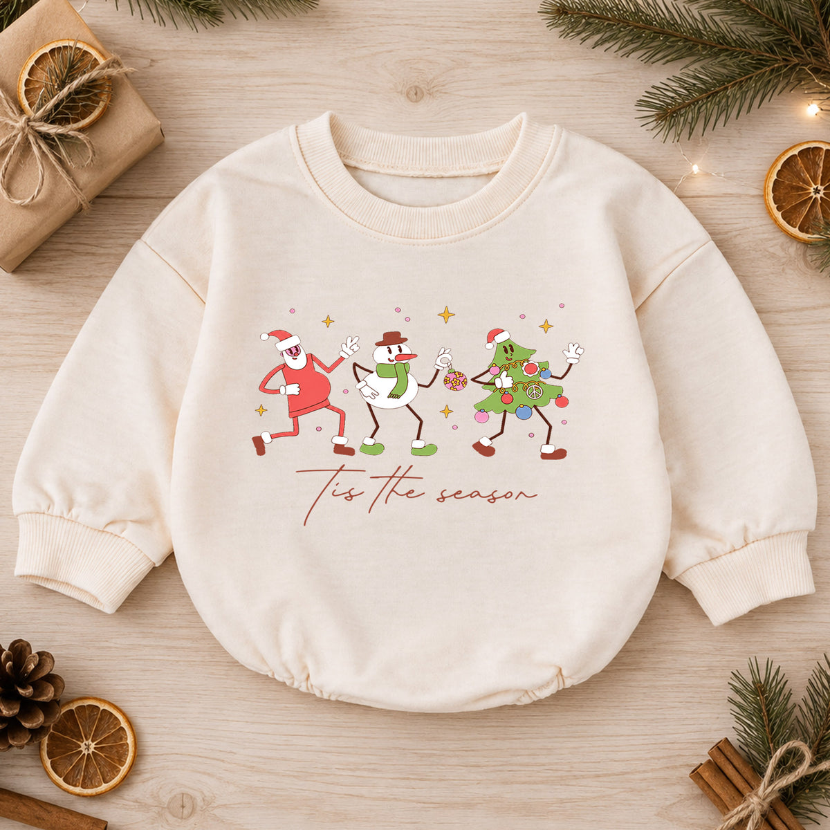 Christmas Character Baby Romper, Retro Santa Snowman Tree Outfit, Cute Toddler Holiday Gift, Tis the Season — product view 1