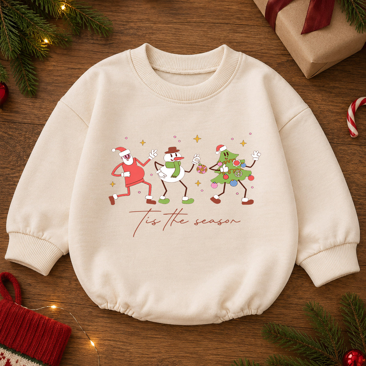 Christmas Character Baby Romper, Retro Santa Snowman Tree Outfit, Cute Toddler Holiday Gift, Tis the Season — product view 2