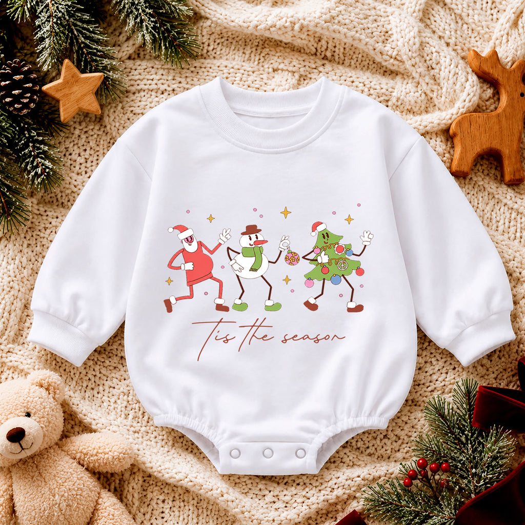 Christmas Character Baby Romper, Retro Santa Snowman Tree Outfit, Cute Toddler Holiday Gift, Tis the Season — product view 4