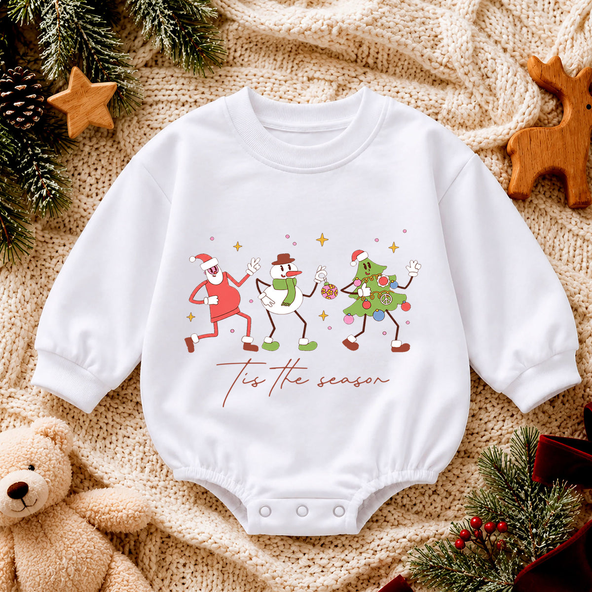 Christmas Character Baby Romper, Retro Santa Snowman Tree Outfit, Cute Toddler Holiday Gift, Tis the Season — product view 4