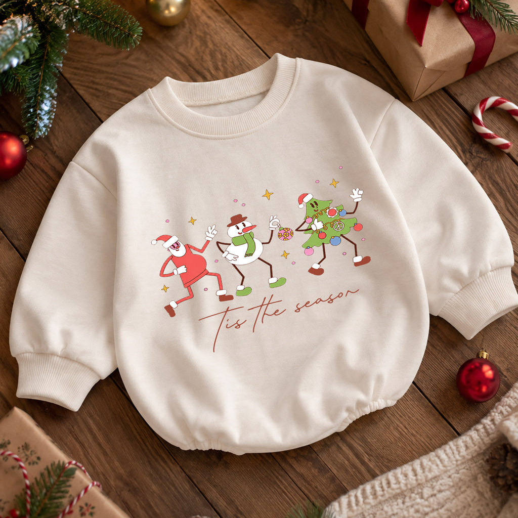 Christmas Character Baby Romper, Retro Santa Snowman Tree Outfit, Cute Toddler Holiday Gift, Tis the Season — product view 5