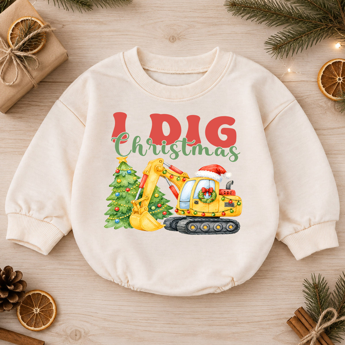 Christmas Construction Baby Romper, I Dig Christmas Excavator Outfit, Cute Toddler Holiday Romper, Baby 1st Christmas Gift — product view 1