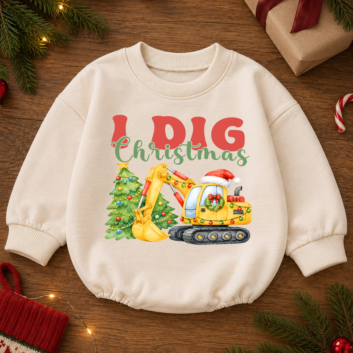 Christmas Construction Baby Romper, I Dig Christmas Excavator Outfit, Cute Toddler Holiday Romper, Baby 1st Christmas Gift — product view 2
