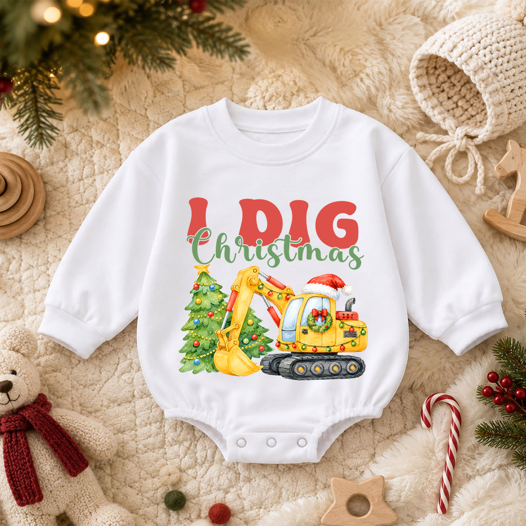 Christmas Construction Baby Romper, I Dig Christmas Excavator Outfit, Cute Toddler Holiday Romper, Baby 1st Christmas Gift — product view 3