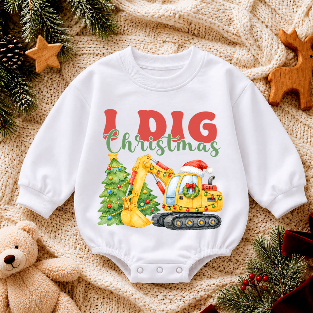 Christmas Construction Baby Romper, I Dig Christmas Excavator Outfit, Cute Toddler Holiday Romper, Baby 1st Christmas Gift — product view 4