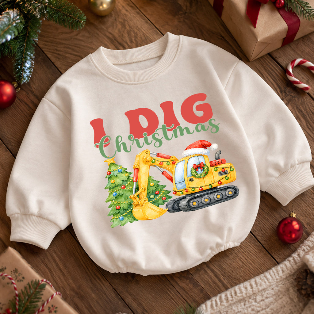 Christmas Construction Baby Romper, I Dig Christmas Excavator Outfit, Cute Toddler Holiday Romper, Baby 1st Christmas Gift — product view 5