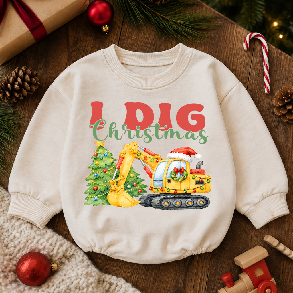 Christmas Construction Baby Romper, I Dig Christmas Excavator Outfit, Cute Toddler Holiday Romper, Baby 1st Christmas Gift — product view 6