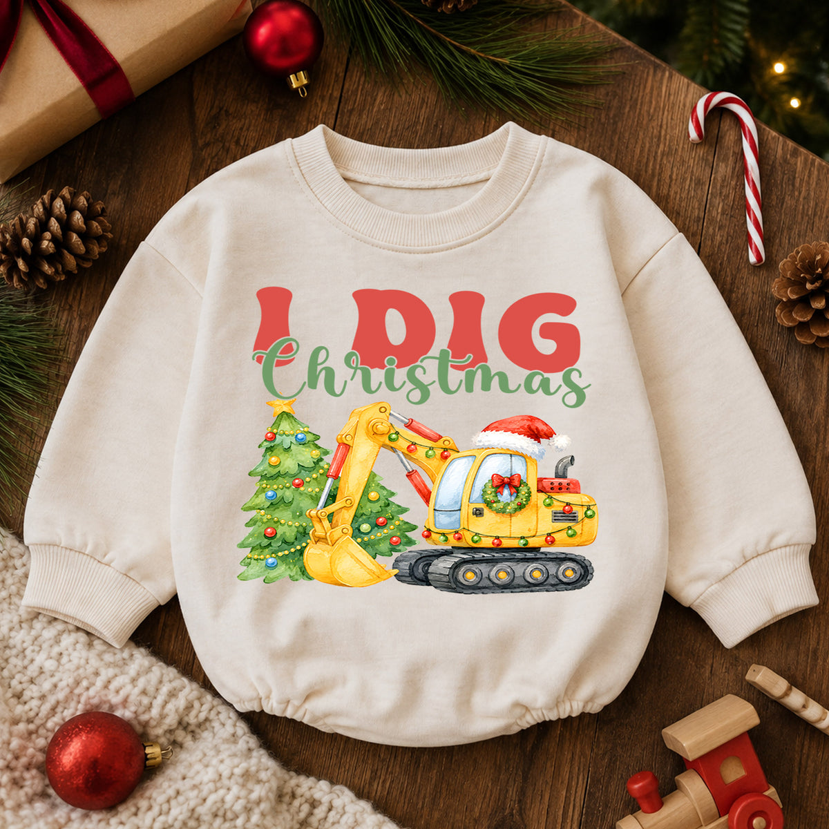 Christmas Construction Baby Romper, I Dig Christmas Excavator Outfit, Cute Toddler Holiday Romper, Baby 1st Christmas Gift — product view 6