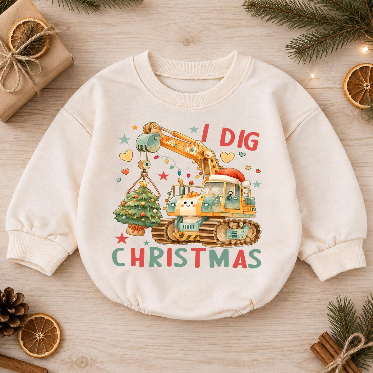 Excavator Christmas Baby Romper, I Dig Christmas Crane Tree Outfit, Construction Toddler Romper, Baby 1st Christmas Gift — product view 1