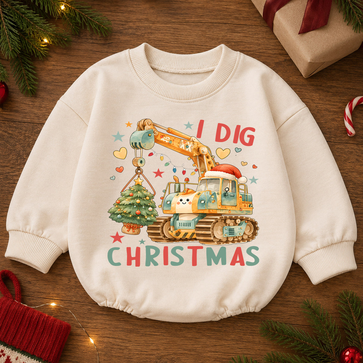Excavator Christmas Baby Romper, I Dig Christmas Crane Tree Outfit, Construction Toddler Romper, Baby 1st Christmas Gift — product view 2