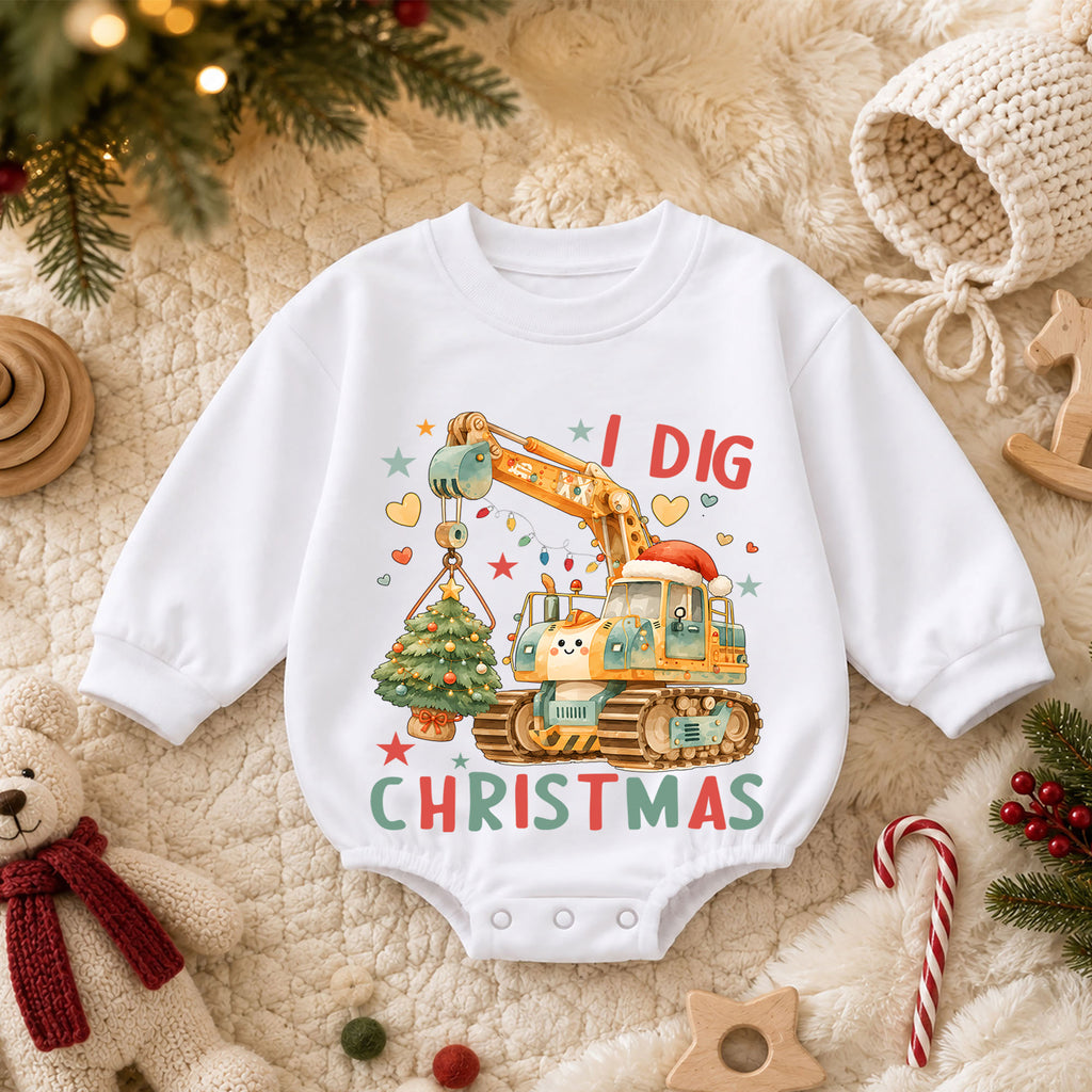 Excavator Christmas Baby Romper, I Dig Christmas Crane Tree Outfit, Construction Toddler Romper, Baby 1st Christmas Gift — product view 3