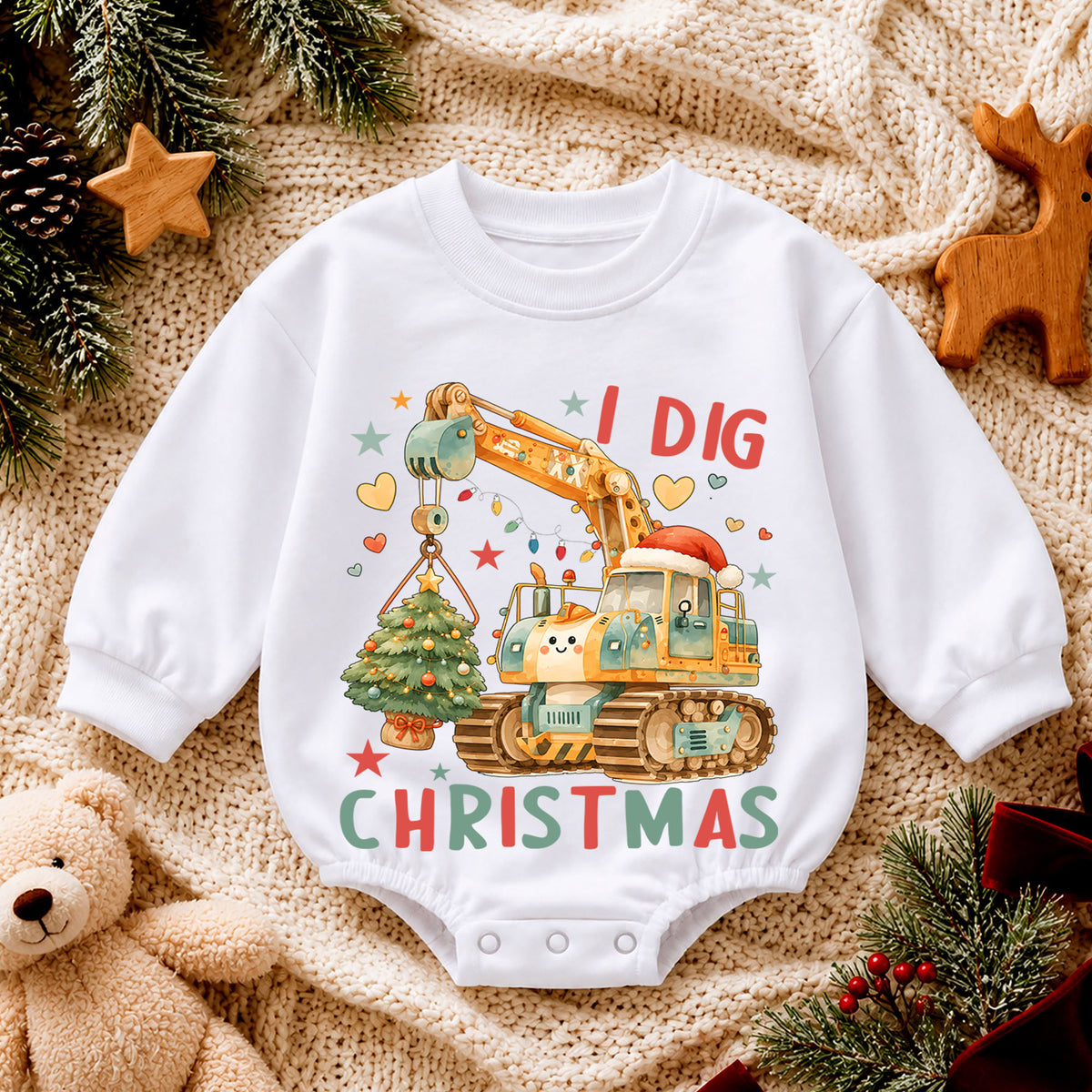 Excavator Christmas Baby Romper, I Dig Christmas Crane Tree Outfit, Construction Toddler Romper, Baby 1st Christmas Gift — product view 4