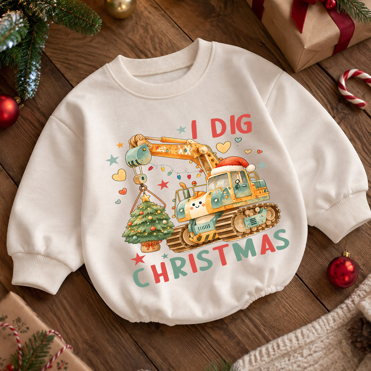 Excavator Christmas Baby Romper, I Dig Christmas Crane Tree Outfit, Construction Toddler Romper, Baby 1st Christmas Gift — product view 5
