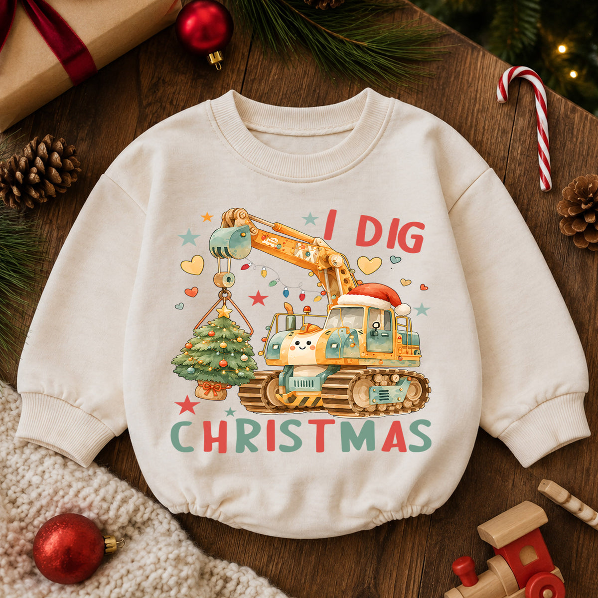 Excavator Christmas Baby Romper, I Dig Christmas Crane Tree Outfit, Construction Toddler Romper, Baby 1st Christmas Gift — product view 6