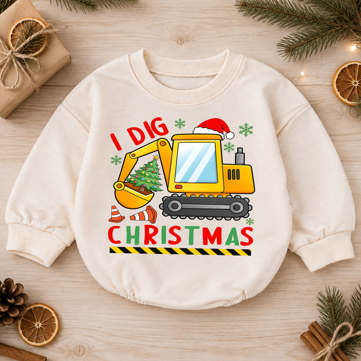 Construction Christmas Baby Romper, Cute Excavator Holiday Outfit, I Dig Christmas Toddler Romper, Baby 1st Christmas Gift — product view 1