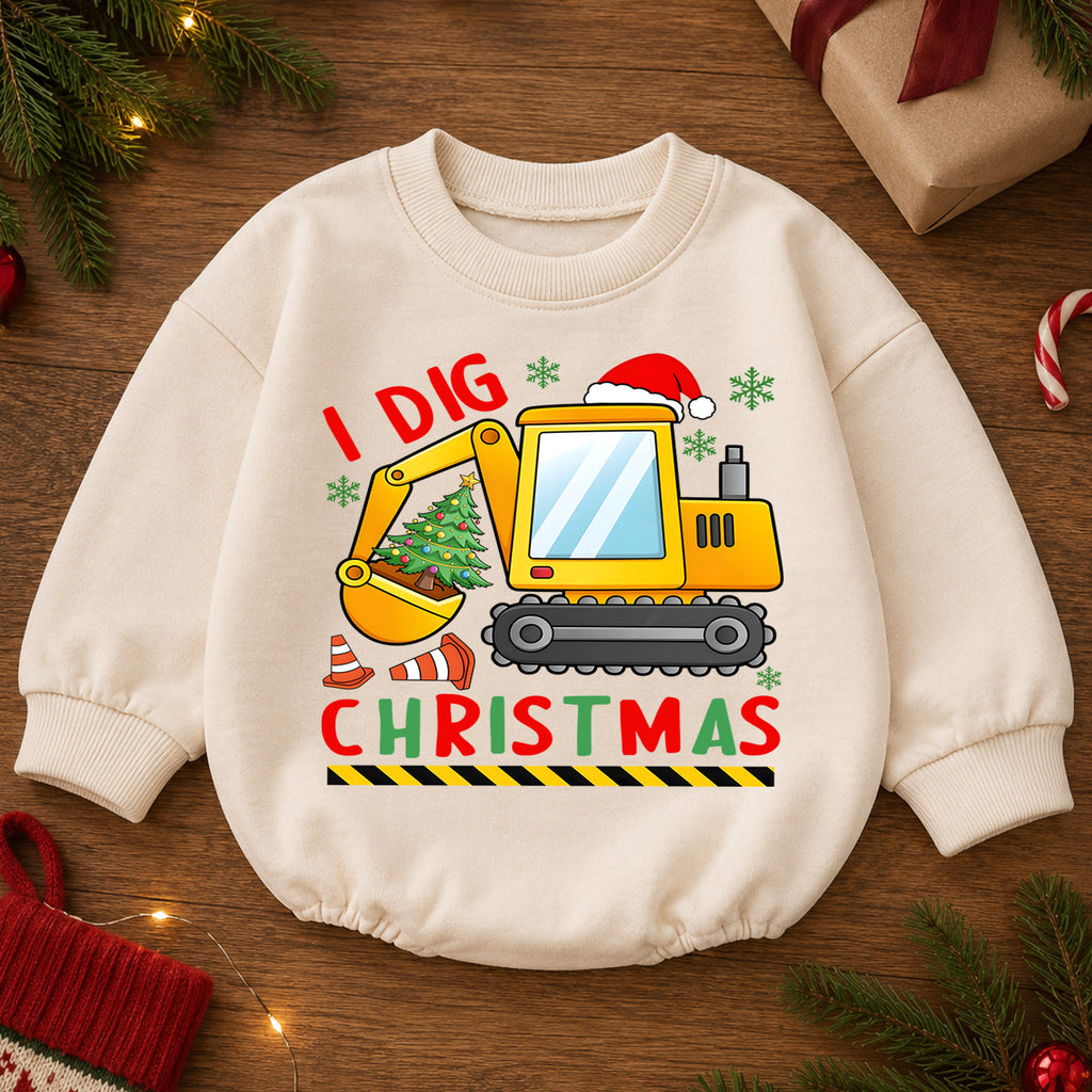 Construction Christmas Baby Romper, Cute Excavator Holiday Outfit, I Dig Christmas Toddler Romper, Baby 1st Christmas Gift — product view 2