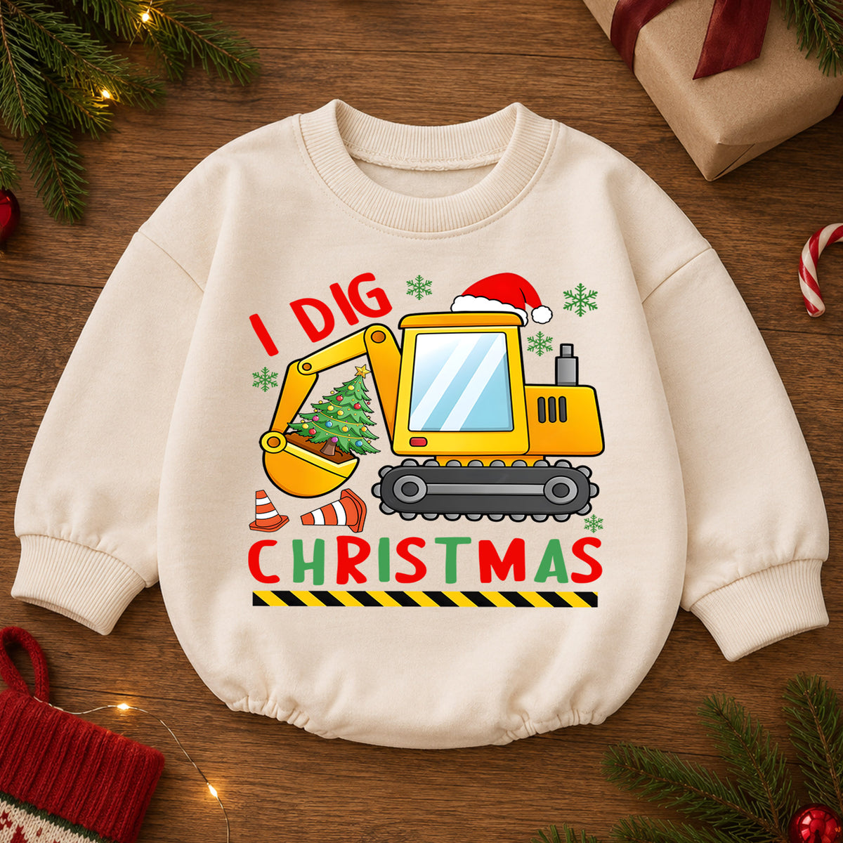 Construction Christmas Baby Romper, Cute Excavator Holiday Outfit, I Dig Christmas Toddler Romper, Baby 1st Christmas Gift — product view 2