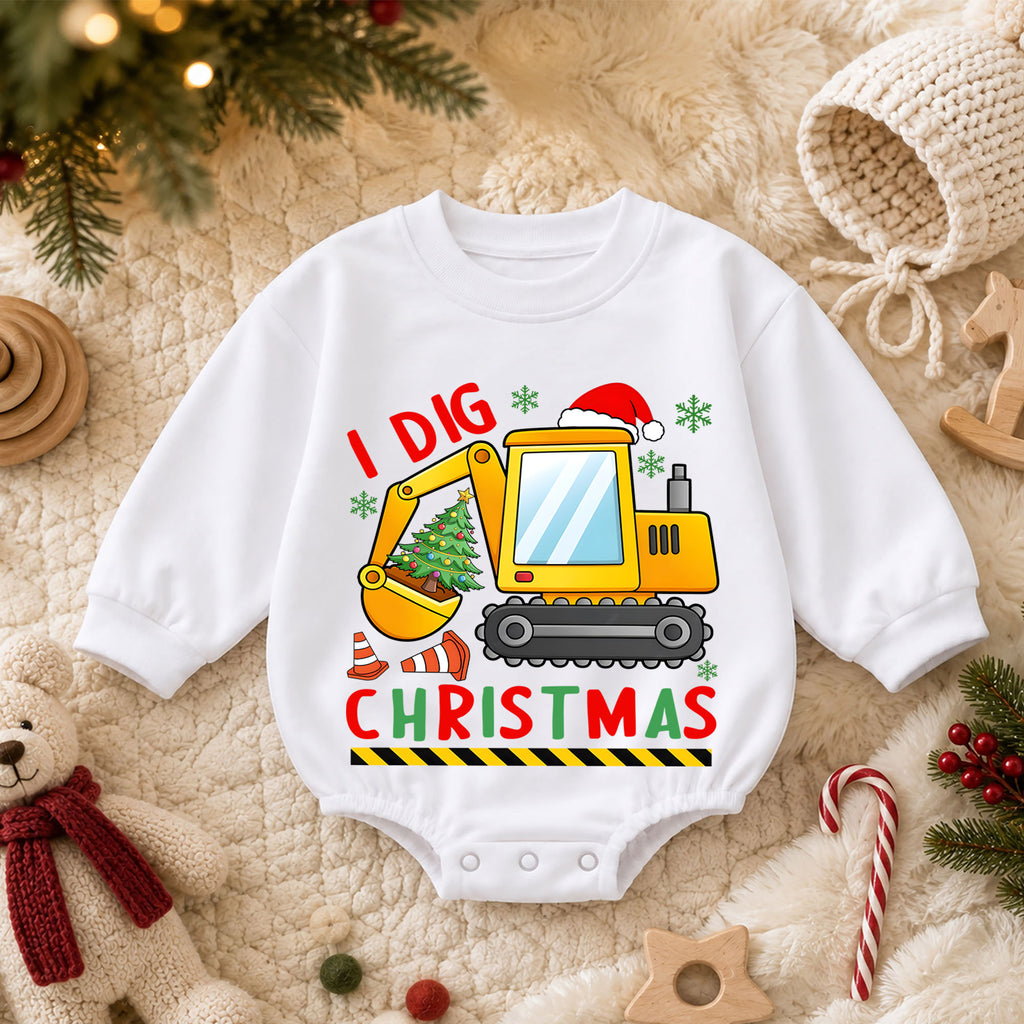 Construction Christmas Baby Romper, Cute Excavator Holiday Outfit, I Dig Christmas Toddler Romper, Baby 1st Christmas Gift — product view 3