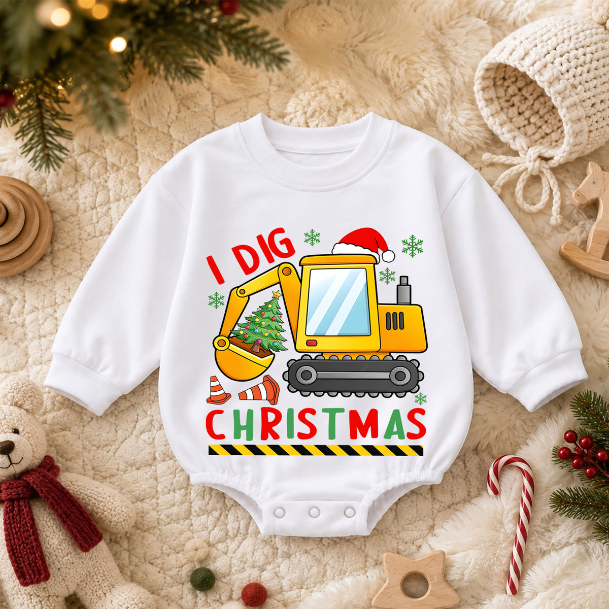 Construction Christmas Baby Romper, Cute Excavator Holiday Outfit, I Dig Christmas Toddler Romper, Baby 1st Christmas Gift — product view 3