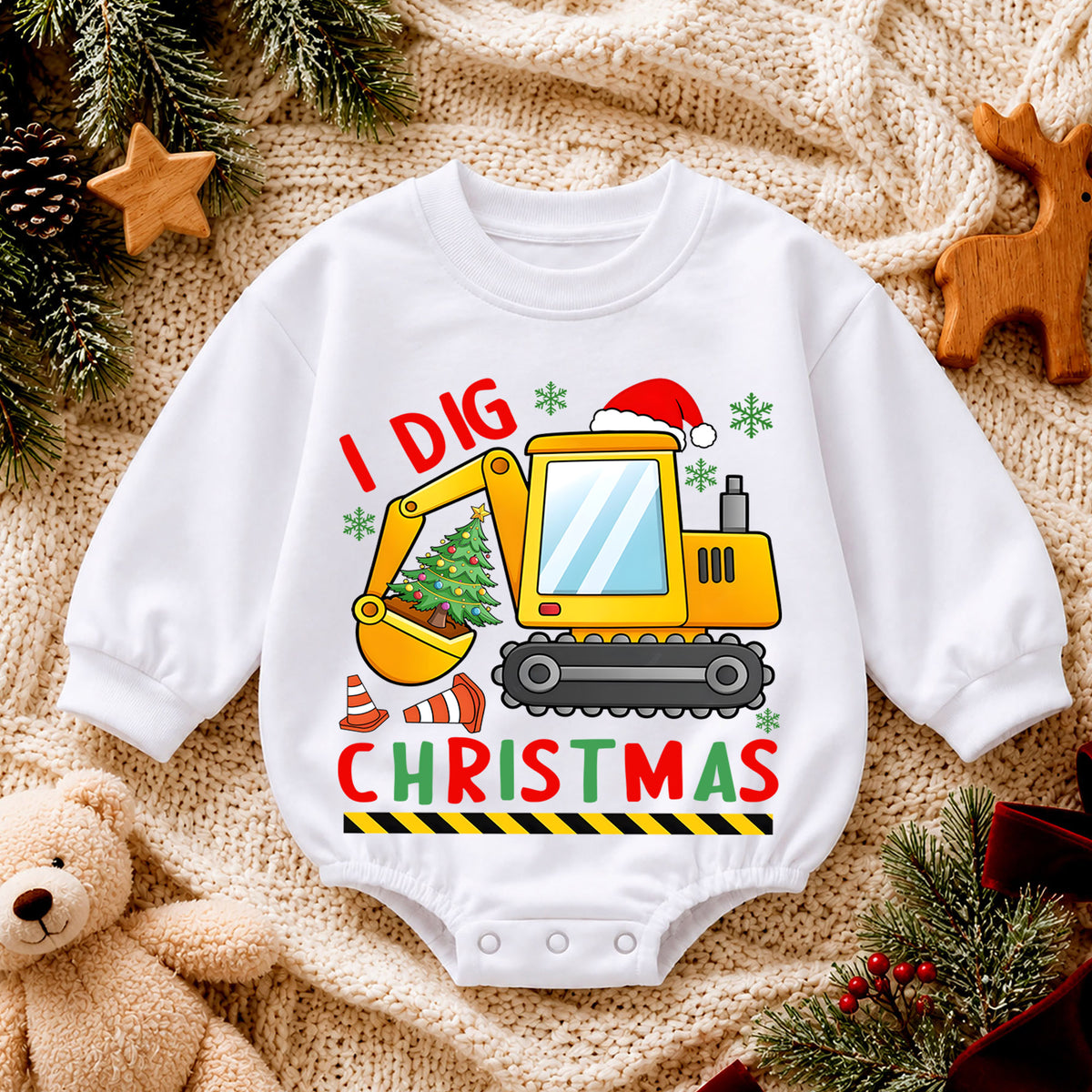 Construction Christmas Baby Romper, Cute Excavator Holiday Outfit, I Dig Christmas Toddler Romper, Baby 1st Christmas Gift — product view 4
