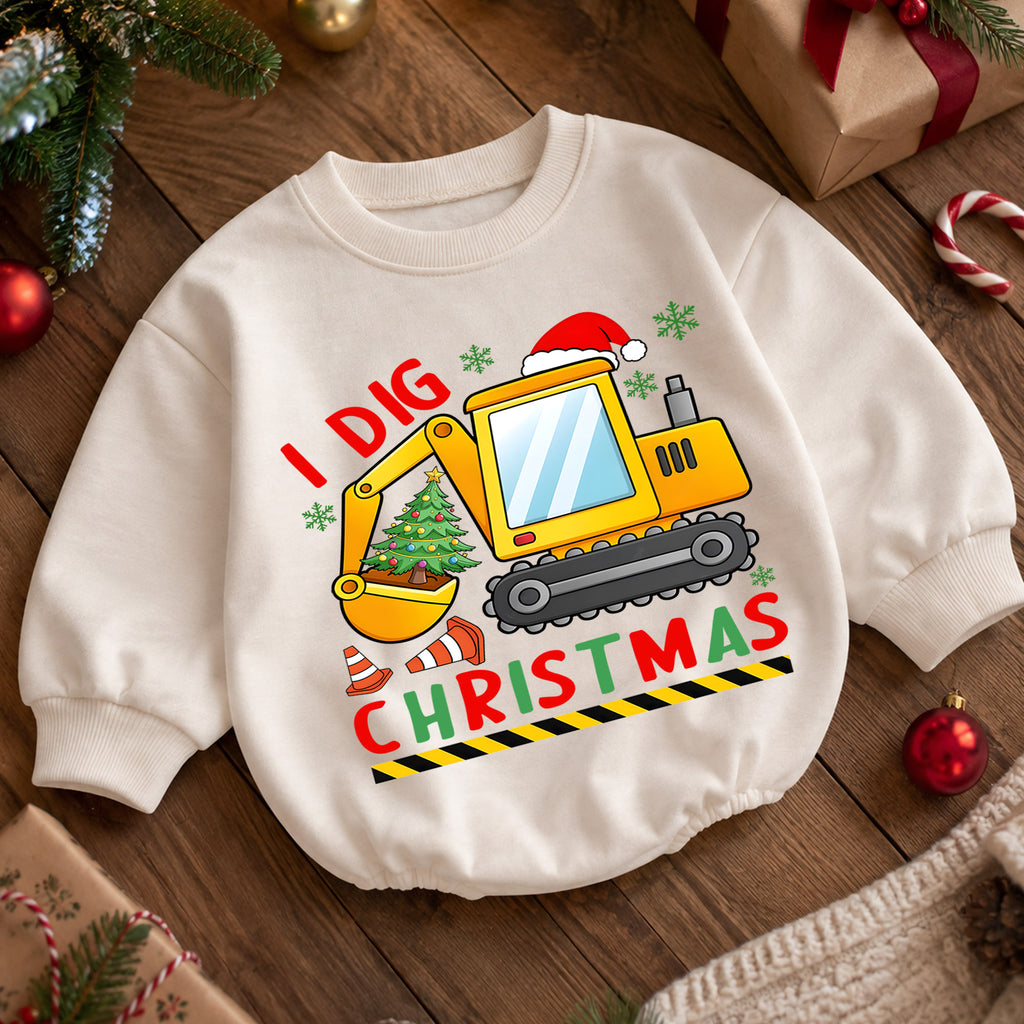 Construction Christmas Baby Romper, Cute Excavator Holiday Outfit, I Dig Christmas Toddler Romper, Baby 1st Christmas Gift — product view 5