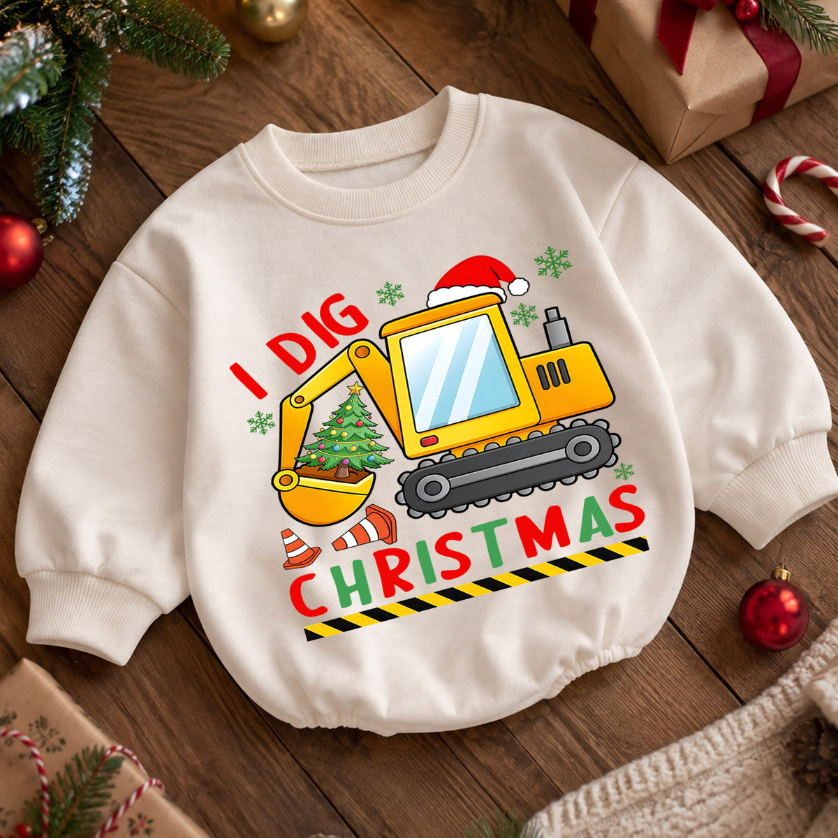 Construction Christmas Baby Romper, Cute Excavator Holiday Outfit, I Dig Christmas Toddler Romper, Baby 1st Christmas Gift — product view 5