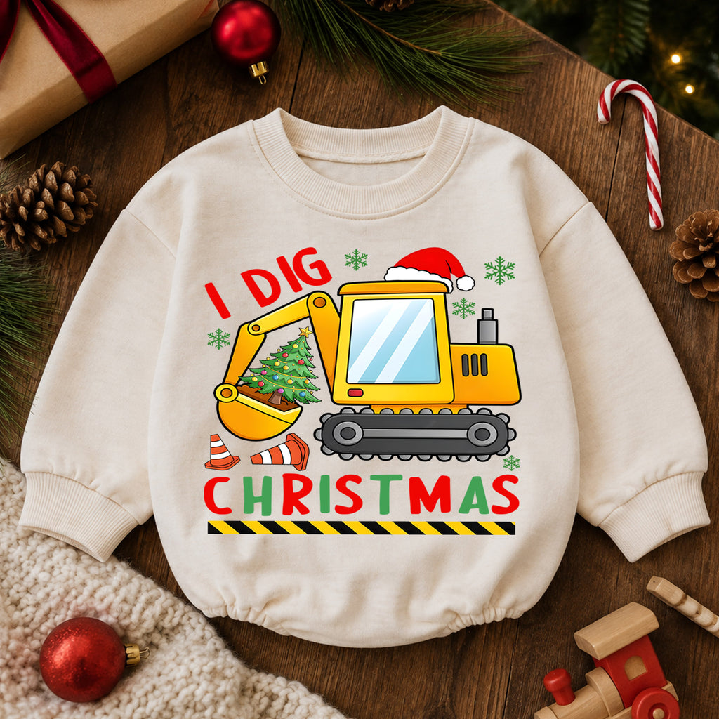 Construction Christmas Baby Romper, Cute Excavator Holiday Outfit, I Dig Christmas Toddler Romper, Baby 1st Christmas Gift — product view 6