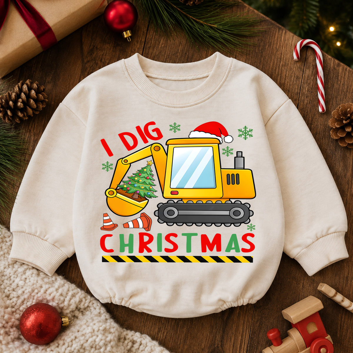 Construction Christmas Baby Romper, Cute Excavator Holiday Outfit, I Dig Christmas Toddler Romper, Baby 1st Christmas Gift — product view 6