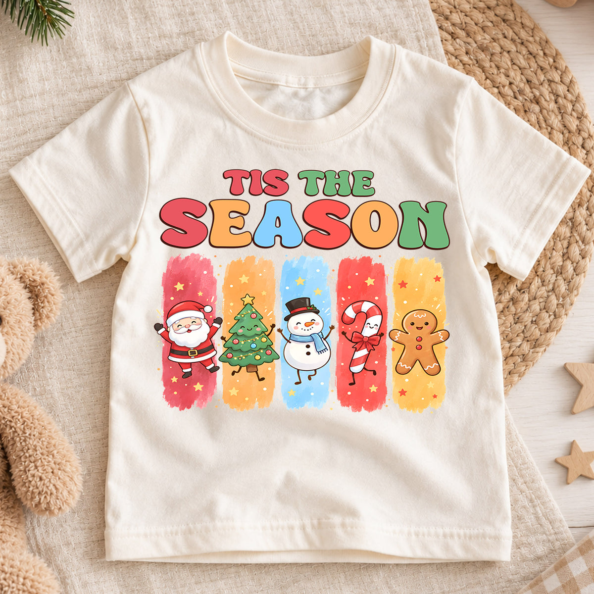 Tis the Season Kids Christmas Shirt, Santa Snowman Gingerbread Holiday Tee, Cute Christmas Character T Shirt, Xmas Gift for Kids — product view 1