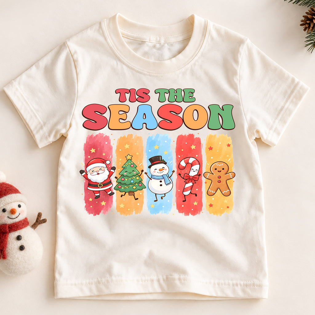 Tis the Season Kids Christmas Shirt, Santa Snowman Gingerbread Holiday Tee, Cute Christmas Character T Shirt, Xmas Gift for Kids — product view 2