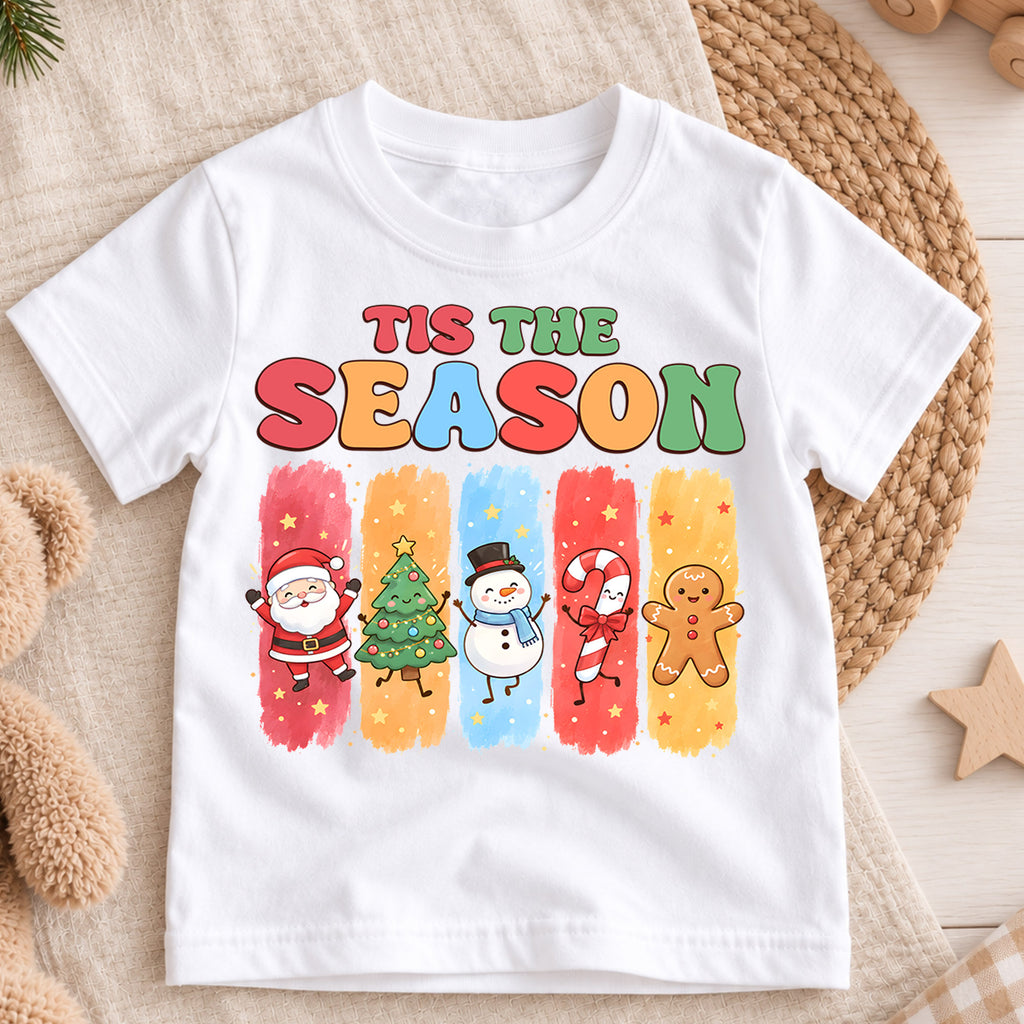 Tis the Season Kids Christmas Shirt, Santa Snowman Gingerbread Holiday Tee, Cute Christmas Character T Shirt, Xmas Gift for Kids — product view 3