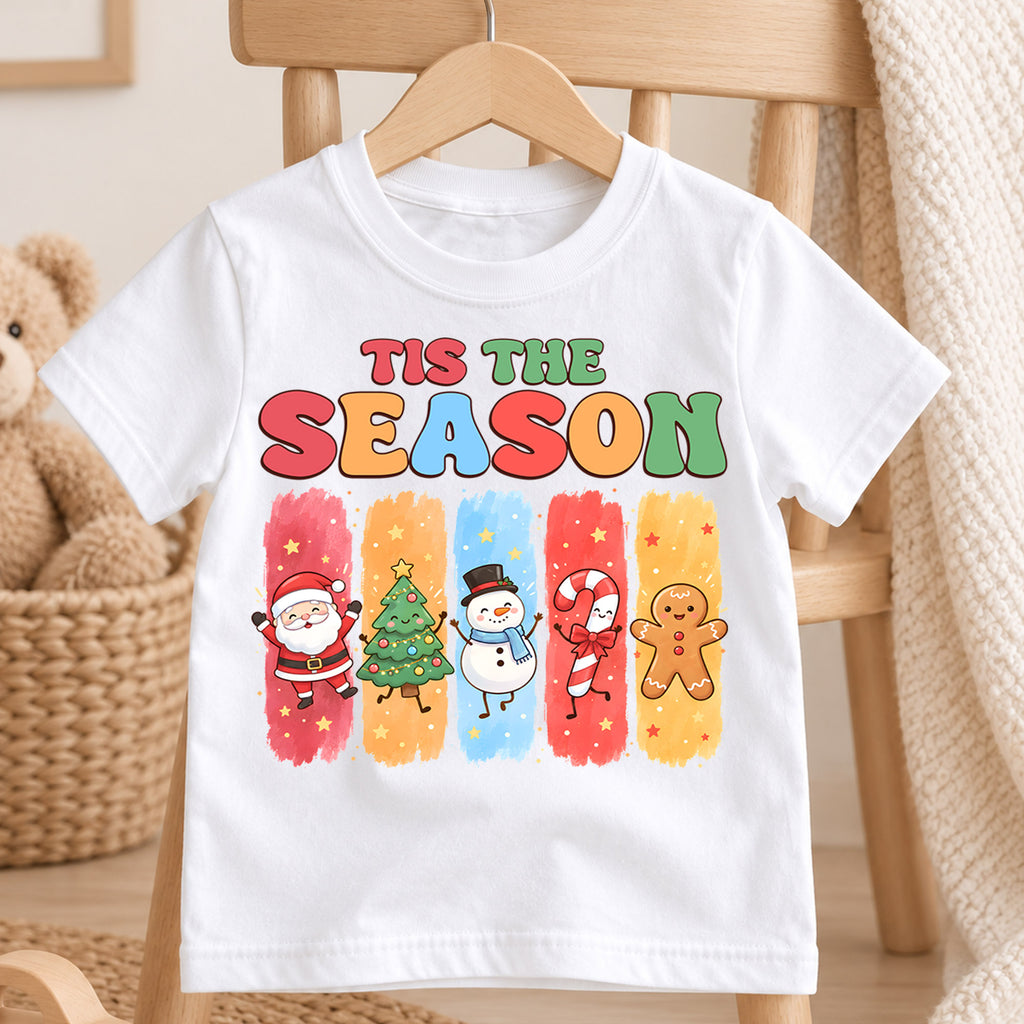 Tis the Season Kids Christmas Shirt, Santa Snowman Gingerbread Holiday Tee, Cute Christmas Character T Shirt, Xmas Gift for Kids — product view 4