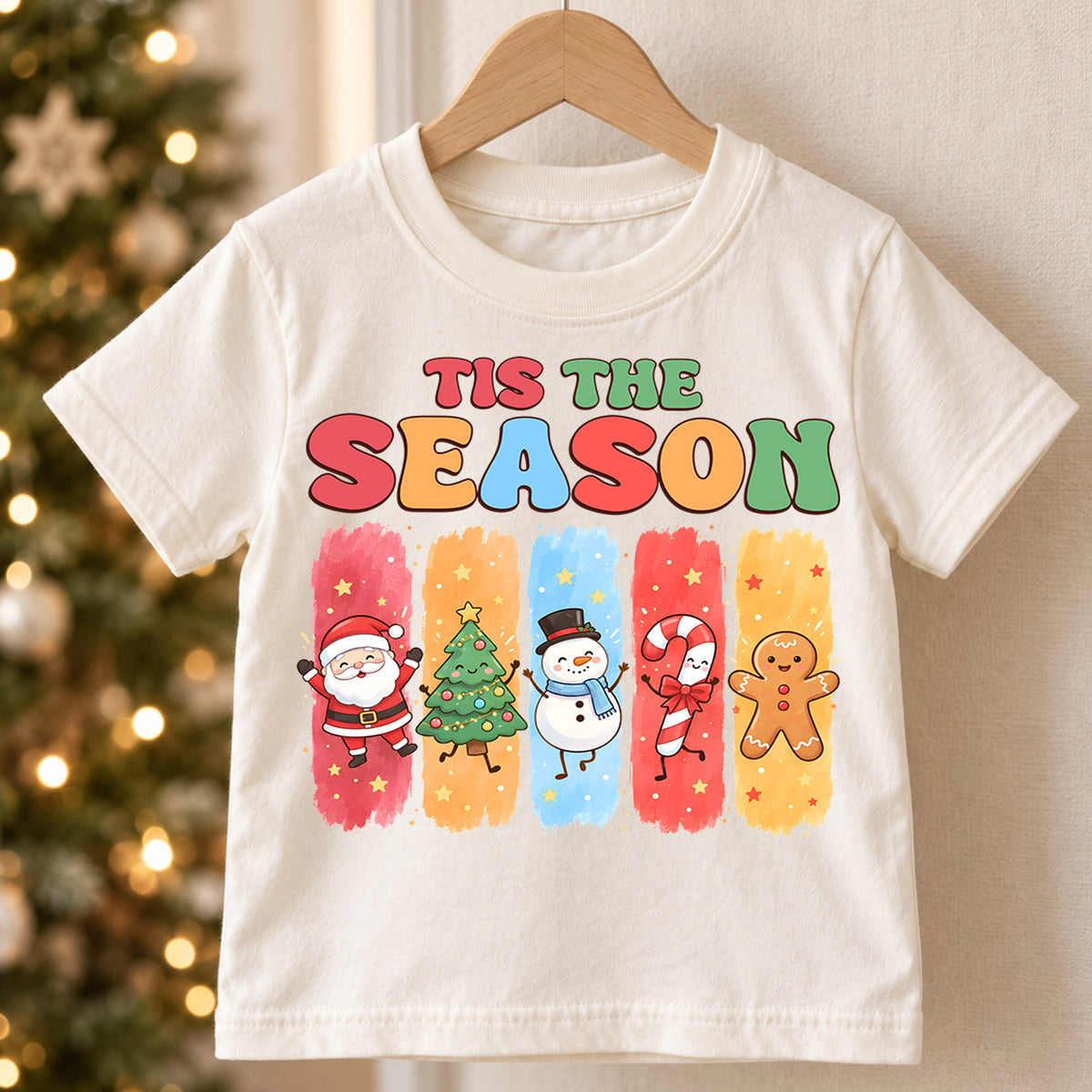Tis the Season Kids Christmas Shirt, Santa Snowman Gingerbread Holiday Tee, Cute Christmas Character T Shirt, Xmas Gift for Kids — product view 5