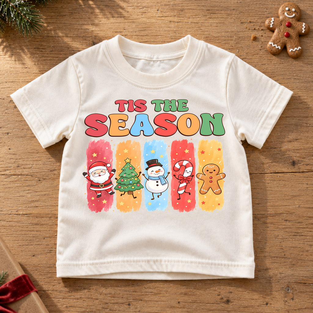 Tis the Season Kids Christmas Shirt, Santa Snowman Gingerbread Holiday Tee, Cute Christmas Character T Shirt, Xmas Gift for Kids — product view 6