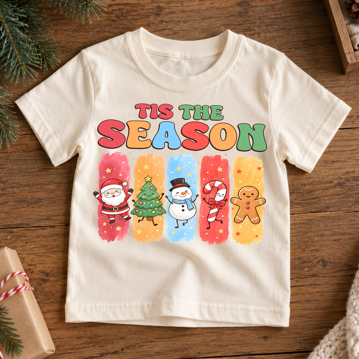 Tis the Season Kids Christmas Shirt, Santa Snowman Gingerbread Holiday Tee, Cute Christmas Character T Shirt, Xmas Gift for Kids — product view 7