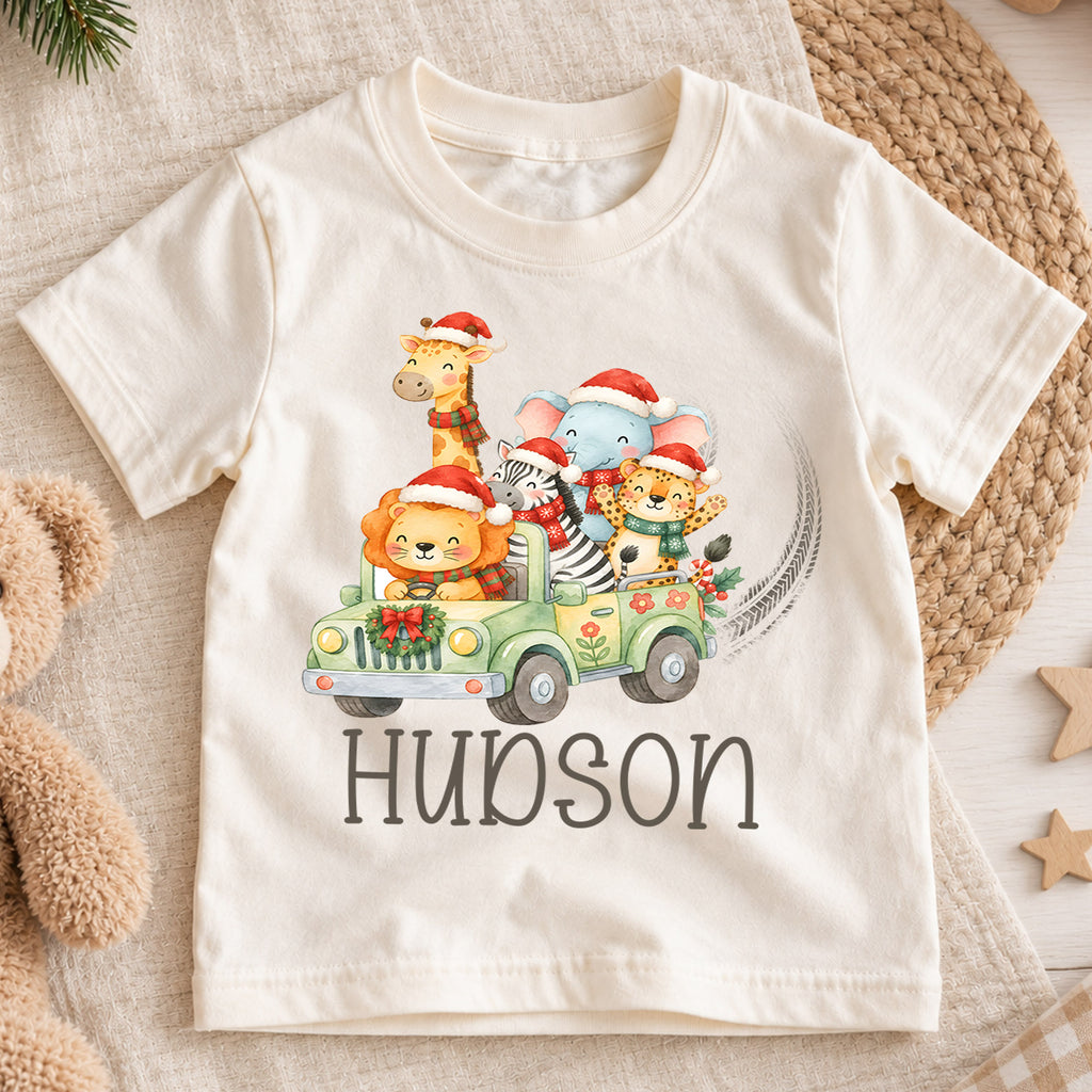 Personalized Safari Christmas Kids T-Shirt, Custom Name Animal Jeep Holiday Shirt, 1st Christmas Gift, My First Birthday Outfit for Kids — product view 1