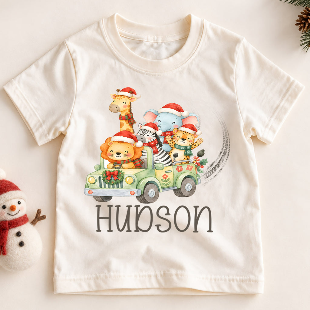 Personalized Safari Christmas Kids T-Shirt, Custom Name Animal Jeep Holiday Shirt, 1st Christmas Gift, My First Birthday Outfit for Kids — product view 2