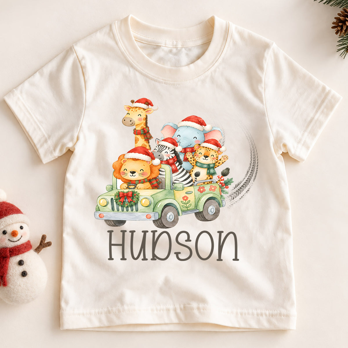 Personalized Safari Christmas Kids T-Shirt, Custom Name Animal Jeep Holiday Shirt, 1st Christmas Gift, My First Birthday Outfit for Kids — product view 2