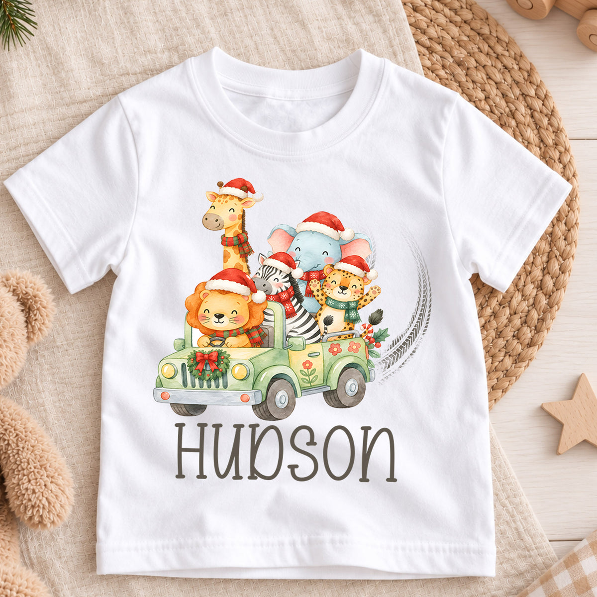Personalized Safari Christmas Kids T-Shirt, Custom Name Animal Jeep Holiday Shirt, 1st Christmas Gift, My First Birthday Outfit for Kids — product view 3