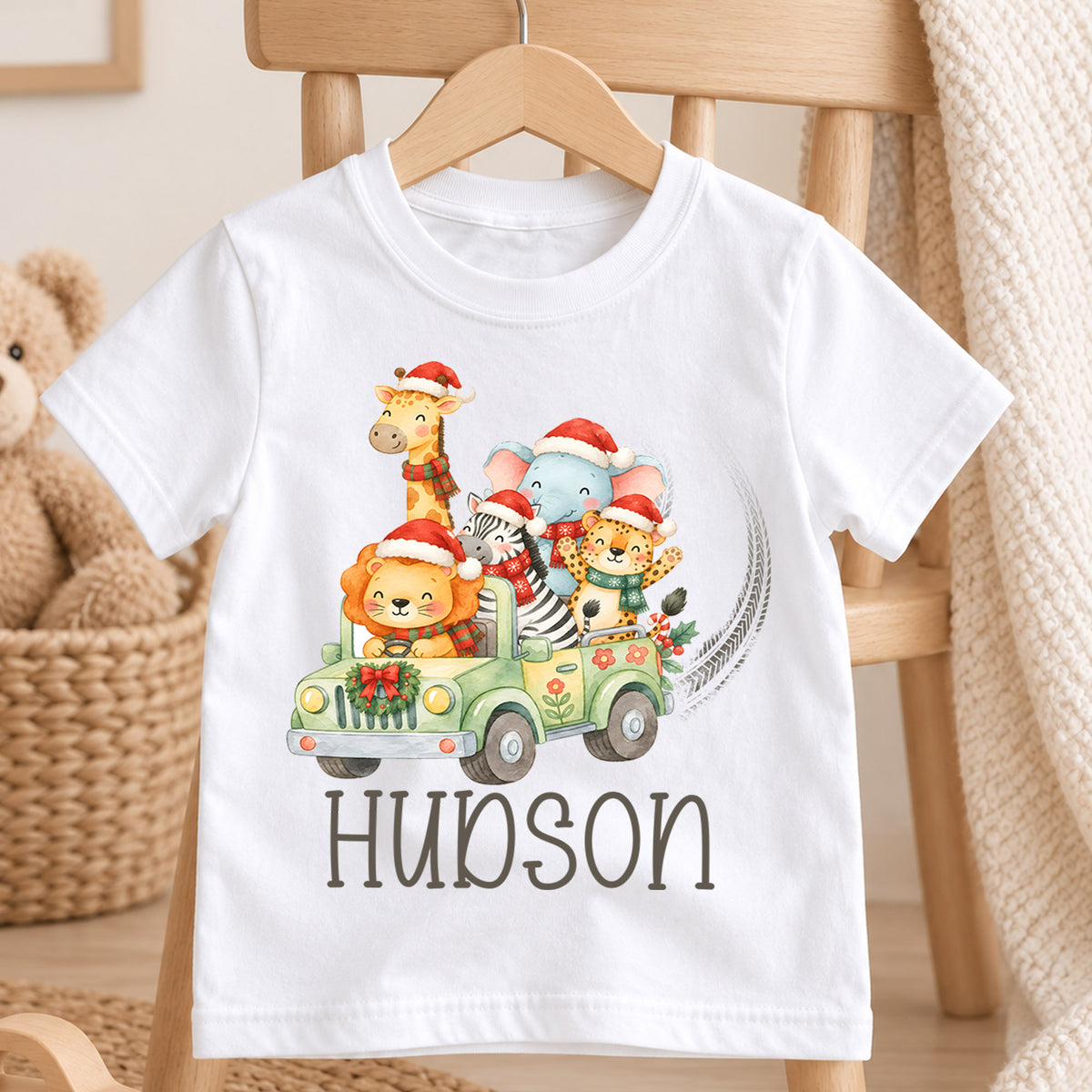Personalized Safari Christmas Kids T-Shirt, Custom Name Animal Jeep Holiday Shirt, 1st Christmas Gift, My First Birthday Outfit for Kids — product view 4
