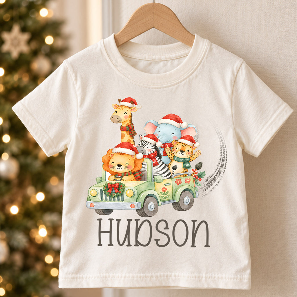 Personalized Safari Christmas Kids T-Shirt, Custom Name Animal Jeep Holiday Shirt, 1st Christmas Gift, My First Birthday Outfit for Kids — product view 5
