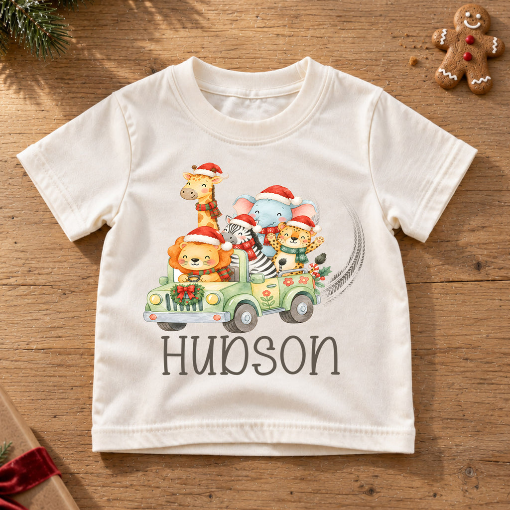 Personalized Safari Christmas Kids T-Shirt, Custom Name Animal Jeep Holiday Shirt, 1st Christmas Gift, My First Birthday Outfit for Kids — product view 6