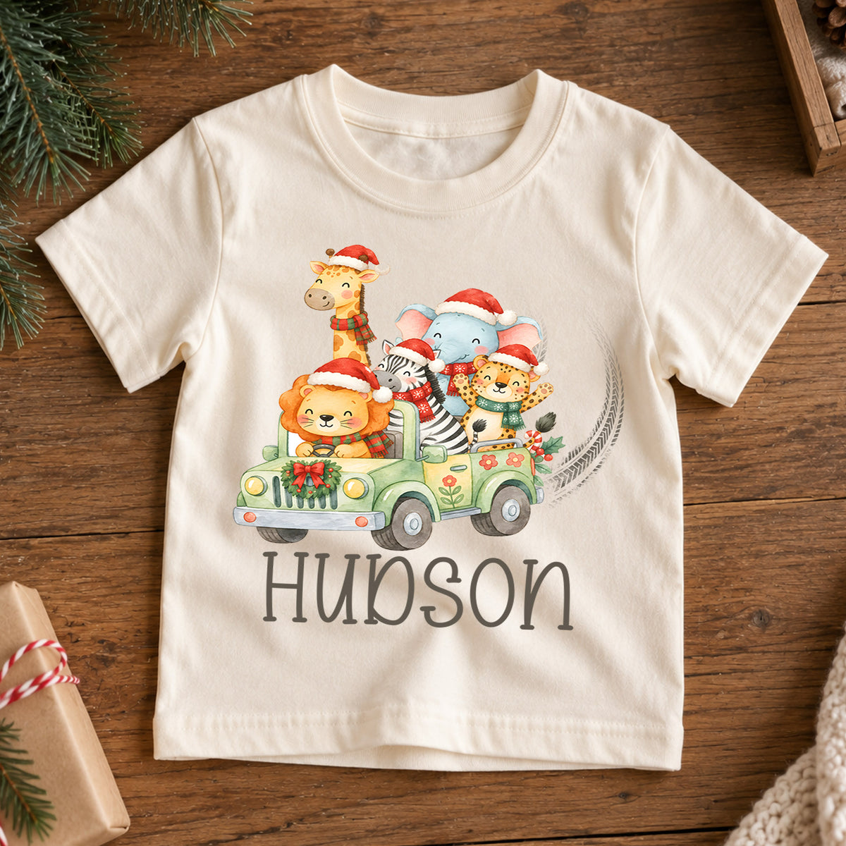 Personalized Safari Christmas Kids T-Shirt, Custom Name Animal Jeep Holiday Shirt, 1st Christmas Gift, My First Birthday Outfit for Kids — product view 7