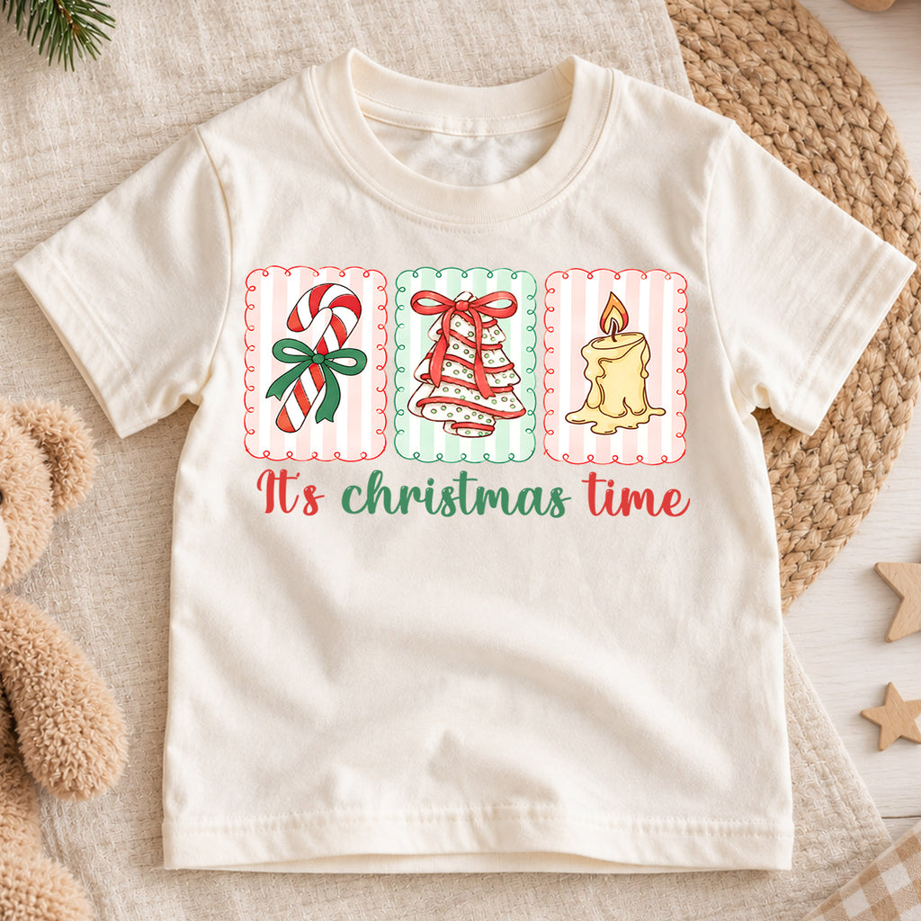 It's Christmas Time Kids Shirt, Candy Cane Tree Candle Holiday Tee, Retro Christmas T Shirt, Cute Festive Xmas Gift for Kids — product view 1