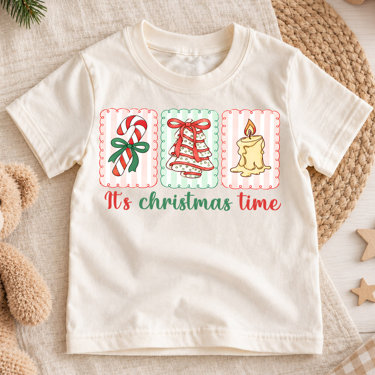 It's Christmas Time Kids Shirt, Candy Cane Tree Candle Holiday Tee, Retro Christmas T Shirt, Cute Festive Xmas Gift for Kids — product view 1
