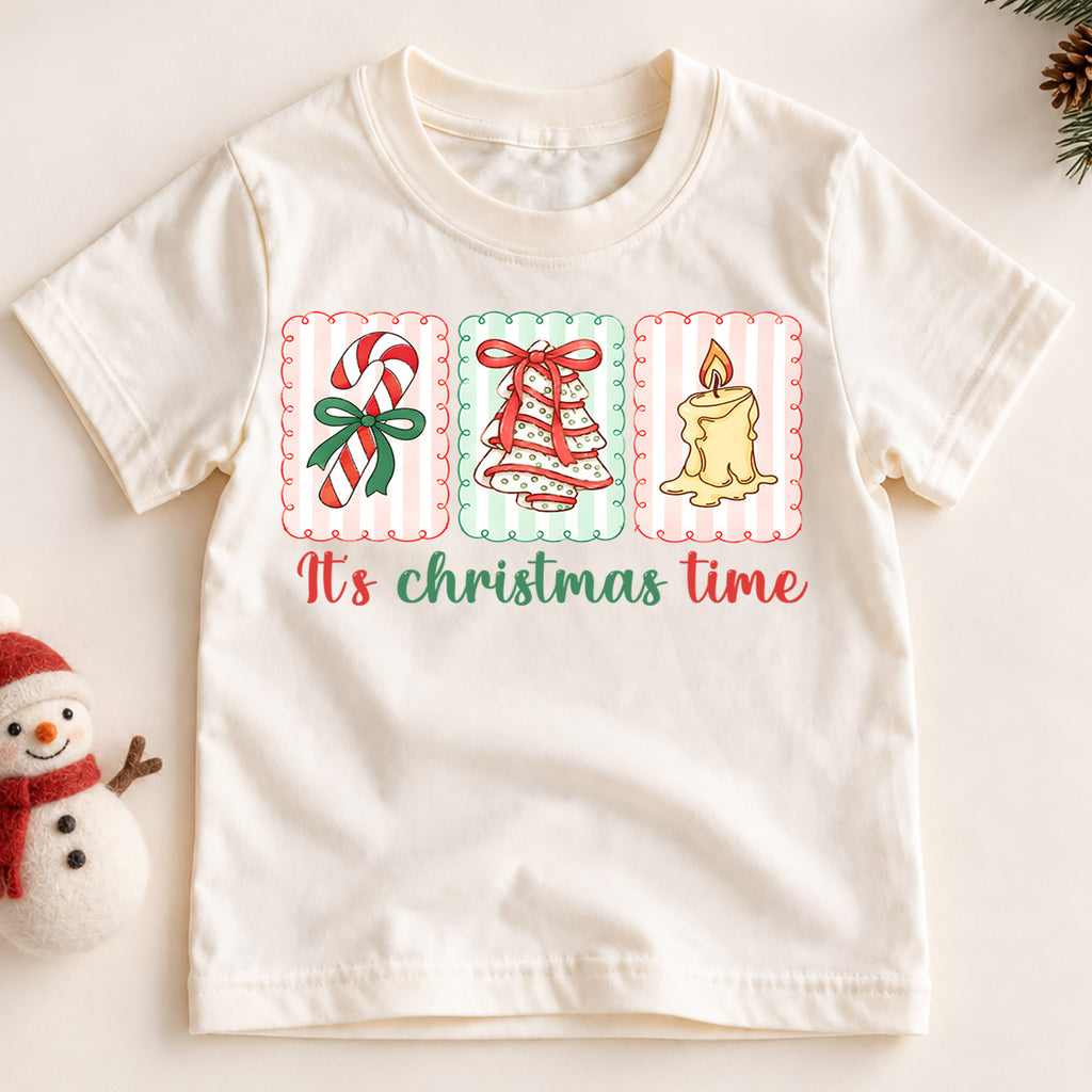 It's Christmas Time Kids Shirt, Candy Cane Tree Candle Holiday Tee, Retro Christmas T Shirt, Cute Festive Xmas Gift for Kids — product view 2