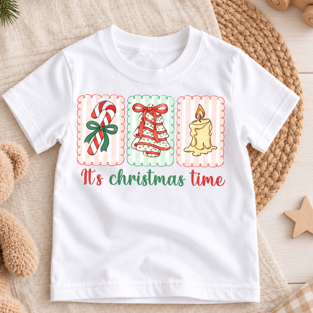 It's Christmas Time Kids Shirt, Candy Cane Tree Candle Holiday Tee, Retro Christmas T Shirt, Cute Festive Xmas Gift for Kids — product view 3