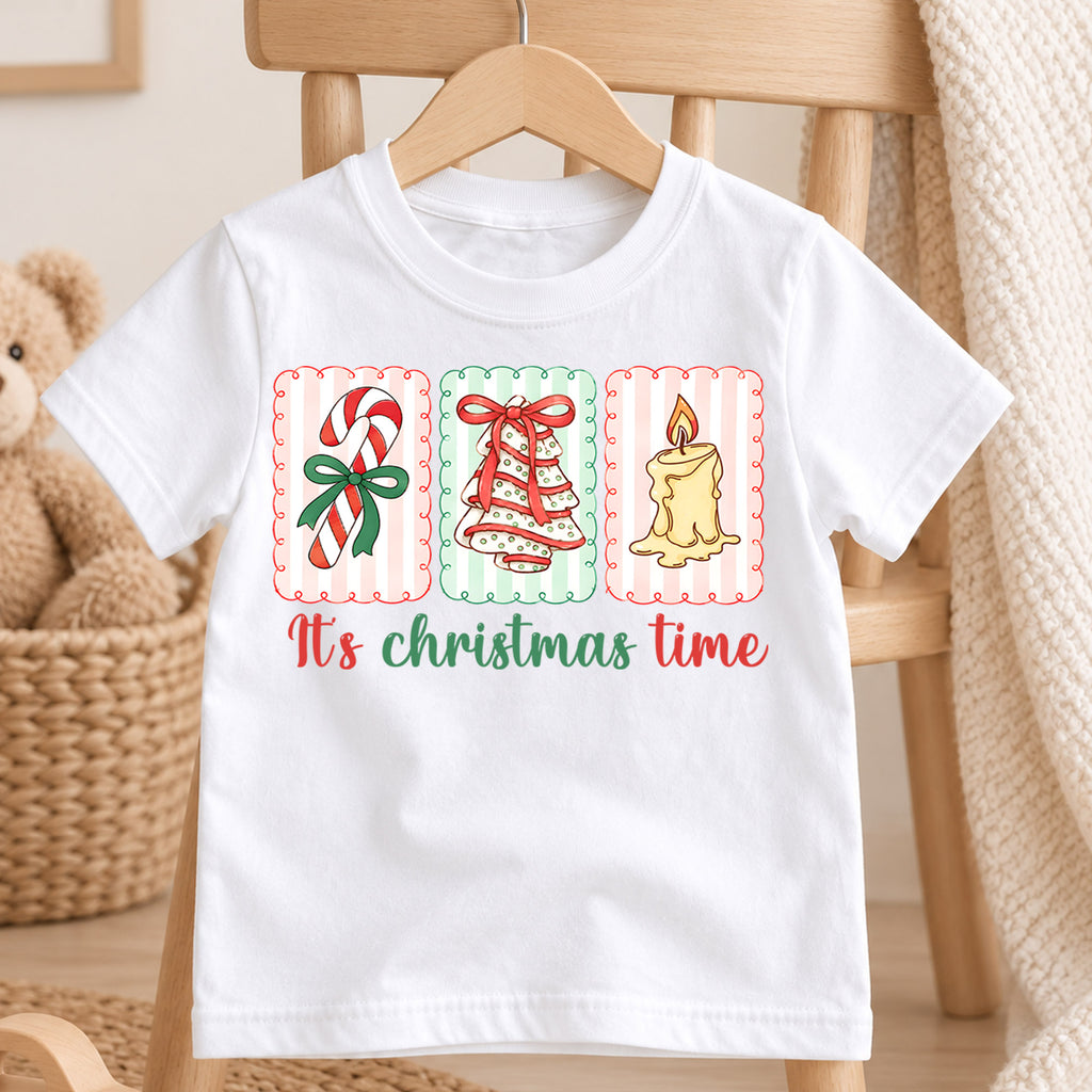 It's Christmas Time Kids Shirt, Candy Cane Tree Candle Holiday Tee, Retro Christmas T Shirt, Cute Festive Xmas Gift for Kids — product view 4